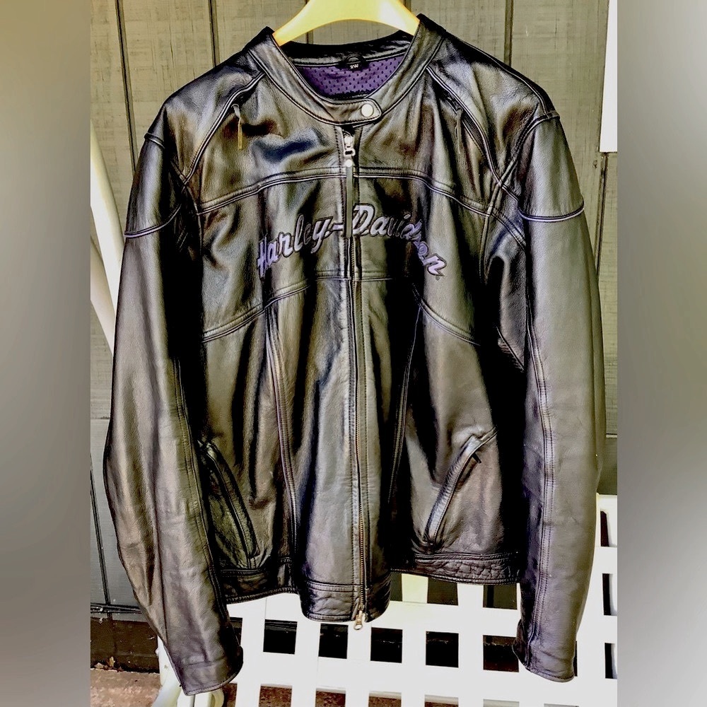 HARLEY DAVIDSON 3W Leather Riding Jacket Women’s 😎 Purple Trim 😎